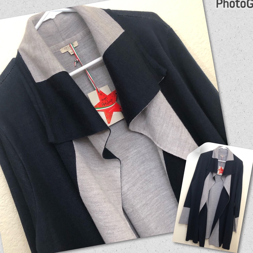 ORIANA Open Front Drapey Long Cardigan Sweater Colorblock Blue Gray NWT